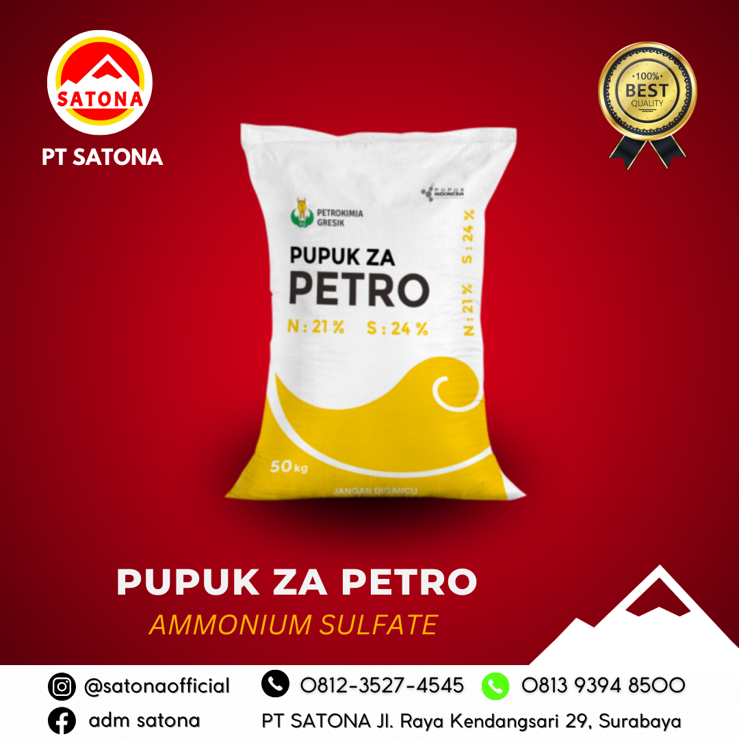 Pupuk ZA<h2><strong>Pupuk ZA (Urea Ammonium Sulfat) – Rahasia Sukses Pertanian Anda!</strong></h2><p><strong>Deskripsi Produk:</strong>&nbsp;</p><p><strong>Pupuk ZA</strong> (Urea Ammonium Sulfat) adalah solusi sempurna untuk meningkatkan hasil pertanian Anda. Dengan kandungan <strong>Nitrogen (20,8%)</strong> dan <strong>Belerang (23,8%)</strong> yang tinggi, produk ini memberikan nutrisi yang dibutuhkan tanaman untuk tumbuh sehat dan menghasilkan panen maksimal. Dikenal dengan bentuk kristalnya yang mudah digunakan, <strong>Pupuk ZA</strong> hadir dalam warna <strong>putih</strong> untuk produk reguler dan <strong>orange</strong> untuk ZA bersubsidi, dikemas dalam kantong 50 kg dengan cap <strong>Kerbau Emas</strong> yang menjamin kualitas dan keaslian.</p><p><strong>Keunggulan Pupuk ZA:</strong></p><ul><li><strong>Kemurnian Tinggi</strong>: Dengan kadar Nitrogen dan Belerang yang tinggi, Pupuk ZA membantu tanaman tumbuh lebih cepat dan sehat.</li><li><strong>Hasil Optimal</strong>: Pupuk ini sangat efektif untuk meningkatkan produksi tebu dan meningkatkan kualitas rendemen gula.</li><li><strong>Pengaruh Positif pada Tanaman</strong>: Membuat tanaman lebih hijau, memperbaiki warna, rasa, dan aroma hasil pertanian Anda.</li></ul><p><strong>Manfaat Pupuk ZA:</strong></p><ol><li><strong>Meningkatkan Produksi Tebu &amp; Hablur Gula</strong>: Membantu proses rendeman yang lebih efisien, meningkatkan hasil tebu yang lebih berkualitas dan manis.</li><li><strong>Memperbaiki Kualitas Hasil Panen</strong>: Meningkatkan ukuran umbi, warna yang lebih cerah, dan rasa yang lebih enak, menjadikan produk Anda lebih bernilai jual tinggi.</li><li><strong>Tanaman Lebih Hijau dan Subur</strong>: Memberikan asupan nutrisi yang optimal untuk pertumbuhan yang sehat, hijau, dan subur.</li></ol><p><strong>Kenapa Harus Memilih Pupuk ZA Kami?</strong></p><ul><li><strong>Kualitas Terbaik</strong>: Produk dengan kandungan nitrogen dan belerang yang tinggi, memberikan hasil maksimal untuk pertanian Anda.</li><li><strong>Efektif dan Mudah Digunakan</strong>: Bentuk kristal yang mudah diaplikasikan untuk berbagai jenis tanaman, menjadikan proses pemupukan lebih praktis dan efisien.</li><li><strong>Kemasan Berkualitas</strong>: Dikirim dalam kantong 50 kg dengan cap <strong>Kerbau Emas</strong> yang menjamin keaslian dan kualitas produk.</li></ul><p><strong>Pemesanan Mudah</strong>:<br> Dapatkan <strong>Pupuk ZA</strong> berkualitas terbaik untuk pertanian Anda! Kunjungi website kami di <a href="http://www.satona.co.id/">www.satona.co.id</a> atau hubungi kami melalui WhatsApp di 0813-9394-8500 untuk pemesanan.</p><p><strong>Alamat Kantor</strong>:<br> PT. Satona<br> Jalan Raya Kendangsari No 29, Surabaya</p><p><strong>Pupuk ZA</strong> adalah pilihan tepat untuk meningkatkan kualitas dan hasil pertanian Anda. Dengan Pupuk ZA, Anda akan merasakan perbedaan pada tanaman Anda, yang tumbuh lebih sehat, lebih hijau, dan menghasilkan panen yang lebih melimpah!</p>