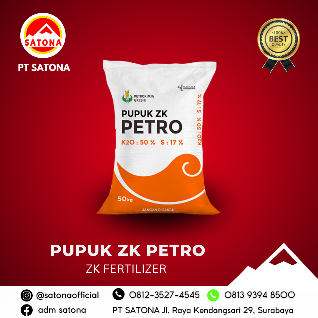 Pupuk ZK<h2>Pupuk ZK (Pupuk Kalium Sulfat) – Solusi Tepat untuk Tanaman Sehat dan Hasil Berkualitas&nbsp;</h2><p><strong>Deskripsi Produk:</strong>&nbsp;</p><p><strong>Pupuk ZK</strong> (<strong>Pupuk Kalium Sulfat)</strong> adalah pupuk berkualitas tinggi yang mengandung <strong>Kalium K₂O (50%)</strong> dan <strong>Sulfur (17%)</strong>, hadir dalam bentuk serbuk putih yang mudah larut dalam air. Pupuk ini dirancang untuk meningkatkan kesehatan tanaman dan hasil panen dengan memperbaiki penyerapan unsur hara penting seperti <strong>Nitrogen</strong> dan <strong>Fosfor</strong>, serta memperkuat ketahanan tanaman terhadap berbagai tantangan pertumbuhan.</p><p><strong>Spesifikasi Produk:</strong></p><ul><li><strong>Kalium (K₂O)</strong>: 50% – Mempercepat pertumbuhan dan memperbaiki ketahanan tanaman.</li><li><strong>Sulfur</strong>: 17% – Meningkatkan kualitas hasil panen serta membantu proses fotosintesis dan metabolisme tanaman.</li><li><strong>Bentuk</strong>: Serbuk Putih – Mudah larut dalam air untuk aplikasi yang efisien.</li><li><strong>Kelarutan dalam Air</strong>: 9,205 g / 100 ml H₂O – Memastikan pupuk dapat cepat terserap oleh tanaman.</li></ul><p><strong>Manfaat Pupuk Kalium Sulfat:</strong></p><ol><li><strong>Meningkatkan Penyerapan Unsur Hara</strong>: Membantu tanaman menyerap <strong>Nitrogen</strong> dan <strong>Fosfor</strong> secara optimal, mempercepat pertumbuhannya.</li><li><strong>Memperkuat Tanaman</strong>: Membuat tanaman lebih tegak dan kokoh, serta meningkatkan ketahanan terhadap angin atau cuaca buruk.</li><li><strong>Meningkatkan Ketahanan Terhadap Kekeringan dan Hama</strong>: Memberikan kekuatan ekstra pada tanaman, membuatnya lebih tahan terhadap kondisi lingkungan yang ekstrem.</li><li><strong>Memperlancar Proses Metabolisme Tanaman</strong>: Mendukung metabolisme yang lebih efisien di dalam tanah, memastikan tanaman mendapatkan nutrisi dengan baik.</li><li><strong>Meningkatkan Kualitas Hasil Panen</strong>: Membantu meningkatkan ukuran, kualitas, dan jumlah hasil pertanian yang lebih baik, memberikan keuntungan lebih bagi petani.</li></ol><p><strong>Kenapa Memilih Pupuk ZK Kami?</strong></p><ul><li><strong>Kualitas Terjamin</strong>: Produk dengan kadar Kalium dan Sulfur yang tinggi, memberikan hasil pertanian yang lebih optimal.</li><li><strong>Serbaguna</strong>: Efektif untuk berbagai jenis tanaman, dari sayuran hingga buah-buahan, mendukung hasil yang lebih sehat dan produktif.</li><li><strong>Mudah Digunakan</strong>: Bentuk serbuk yang larut sempurna dalam air, memudahkan aplikasi.</li></ul><p><strong>Pemesanan dan Informasi</strong>:<br> Dapatkan <strong>Pupuk ZK</strong> berkualitas tinggi untuk mendukung kesuksesan pertanian Anda! Kunjungi website kami di <a href="http://www.satona.co.id/">www.satona.co.id</a> atau hubungi kami melalui WhatsApp di 0813-9394-8500 untuk pemesanan.</p><p><strong>Alamat Kantor</strong>:<br> PT. Satona<br> Jalan Raya Kendangsari No 29, Surabaya</p><p><strong>Pupuk ZK</strong> adalah solusi tepat untuk memperkuat dan meningkatkan kualitas hasil pertanian Anda. Dengan pupuk ini, tanaman Anda akan tumbuh lebih sehat, kuat, dan memberikan hasil yang maksimal!</p>