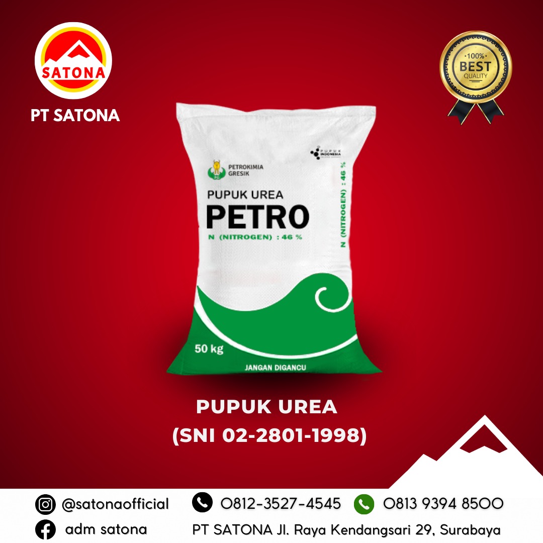 Pupuk Urea<h2><strong>Pupuk Urea – Nutrisi Berkualitas untuk Pertumbuhan Tanaman Optimal!</strong></h2><p><strong>Pupuk Urea</strong> adalah solusi pupuk berkualitas tinggi yang dirancang untuk memberikan nutrisi utama berupa Nitrogen yang sangat dibutuhkan oleh tanaman. Dengan kandungan <strong>Nitrogen minimal 46%</strong>, pupuk ini sangat efektif dalam mempercepat pertumbuhan tanaman, menjadikan daun lebih hijau dan segar, serta meningkatkan hasil panen yang lebih baik.</p><p><strong>Spesifikasi:</strong></p><ul><li><strong>Kadar Air Maksimal</strong>: 0,50%, memastikan kualitas pupuk tetap terjaga.</li><li><strong>Kadar Biuret Maksimal</strong>: 1%, untuk menghindari kerusakan pada tanaman.</li><li><strong>Kadar Nitrogen Minimal</strong>: 46%, memberikan asupan nitrogen yang optimal bagi pertumbuhan tanaman.</li><li><strong>Bentuk Butiran</strong>: Tidak berdebu, memudahkan penyimpanan dan aplikasi.</li><li><strong>Warna</strong>: Putih (untuk Urea non-subsidi) dan pink (untuk Urea bersubsidi), membedakan produk sesuai jenisnya.</li><li><strong>Kemasan</strong>: Dikemas dalam kantong 50 kg, ideal untuk pertanian dalam skala besar.</li><li><strong>Higroskopis</strong>: Menyerap kelembapan dari udara, tetap mudah disimpan dengan benar.</li><li><strong>Mudah Larut dalam Air</strong>: Memastikan penyerapan unsur hara secara cepat dan efektif oleh tanaman.</li></ul><p><strong>Manfaat Utama:</strong></p><ul><li><strong>Mempercepat Pertumbuhan Tanaman</strong>: Kandungan Nitrogen tinggi membantu tanaman tumbuh lebih cepat dan sehat.</li><li><strong>Meningkatkan Kualitas Daun</strong>: Memberikan daun yang lebih hijau, segar, dan kuat.</li><li><strong>Meningkatkan Kandungan Protein pada Hasil Panen</strong>: Pupuk Urea dapat meningkatkan kandungan protein dalam tanaman, menjadikan hasil panen lebih bergizi dan bernilai tinggi.</li></ul><p>Pupuk Urea adalah pilihan tepat untuk berbagai jenis tanaman, baik di lahan pertanian, perkebunan, maupun hortikultura, guna memastikan tanaman tumbuh optimal dan hasil panen maksimal. <strong>Pupuk Urea</strong> hadir untuk membantu petani mencapai produktivitas terbaik dengan cara yang mudah dan efisien!</p><p><strong>Pemesanan Langsung:</strong><br>Untuk informasi lebih lanjut atau pemesanan produk, kunjungi website kami di <a href="http://www.satona.co.id/">www.satona.co.id</a> atau hubungi kami melalui WhatsApp di <strong>0813-9394-8500</strong>.</p><p><strong>Alamat Kantor:</strong><br><strong>PT Satona</strong><br>Jalan Raya Kendangsari No 29, Surabaya</p>