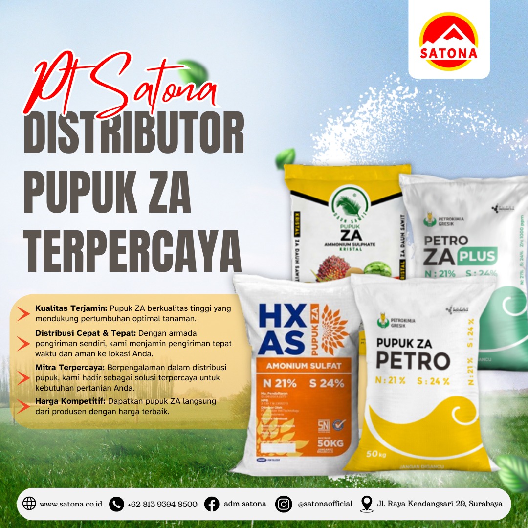 PT Satona – Distributor Pupuk ZA Terpercaya, Mitra Utama Anda Langsung dari Produsen Terkemuka! <p>Di <strong>PT Satona</strong>, kami dengan bangga menjadi mitra utama Anda dalam mendukung produktivitas pertanian. Dengan pengalaman dan komitmen kami, kami memastikan <strong>pupuk ZA berkualitas terbaik</strong> sampai langsung ke tangan Anda, untuk hasil yang optimal.</p><p>✨ <strong>Keunggulan Kami:</strong></p><p>✔️ <strong>Kualitas Terjamin:</strong> Pupuk ZA terbaik untuk pertumbuhan tanaman yang maksimal. Kami menyediakan pupuk ZA langsung dari produsen ternama yang sudah terbukti kualitasnya.<br> 🚛 <strong>Distribusi Cepat &amp; Tepat:</strong> Pengiriman yang aman dan tepat waktu dengan armada kami sendiri, memastikan kebutuhan Anda selalu terpenuhi.<br> 🤝 <strong>Mitra Terpercaya:</strong> Sebagai distributor berpengalaman, kami siap memenuhi segala kebutuhan pertanian Anda, dari skala kecil hingga besar.<br> 💰 <strong>Harga Kompetitif:</strong> Dapatkan harga terbaik langsung dari produsen, tanpa perantara!</p><p>Percayakan kebutuhan pupuk ZA Anda pada <strong>PT Satona</strong>, distributor resmi dari produsen pupuk terkemuka. Kami hadir untuk memberikan solusi terbaik bagi pertanian Anda! 🌿🌾</p><p><strong>Pemesanan Langsung:</strong></p><p><strong>PT Satona</strong><br> Jalan Raya Kendangsari No 29, Surabaya<br> Website: <a href="http://www.satona.co.id/">www.satona.co.id</a><br> Hubungi kami: 0813-9394-8500</p><p><strong>#PupukZA #ZA #AmoniumSulfat #PupukZAPetroKemasan #ZAPlus #PupukMajemuk #PupukZASurabaya #JualPupukZASurabaya #DistributorPupukZA</strong></p>