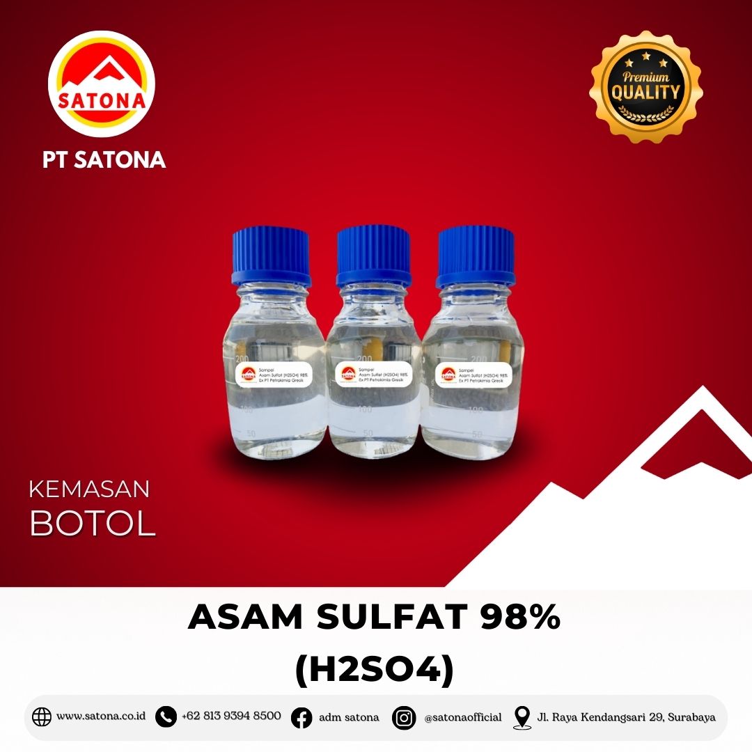 Asam Sulfat (H₂SO₄)<h2><strong>Asam Sulfat (H₂SO₄) – Produk Berkualitas Tinggi untuk Berbagai Industri</strong></h2><p><strong>Spesifikasi:</strong></p><ul><li><strong>Kadar H₂SO₄:</strong> Minimal 98%</li><li><strong>Impuritis:</strong>&nbsp;<ul><li><strong>Chlorida (Cl):</strong> Maksimal 10 ppm</li><li><strong>Nitrat (NO₃):</strong> Maksimal 5 ppm</li><li><strong>Besi (Fe):</strong> Maksimal 50 ppm</li><li><strong>Timbal (Pb):</strong> Maksimal 50 ppm</li></ul></li><li><strong>Bentuk:</strong> Cairan tidak berwarna</li><li><strong>SNI:</strong> 06-0030-1996 (Standar Nasional Indonesia)</li></ul><p><strong>Kegunaan:</strong> Asam Sulfat (H₂SO₄) kami adalah bahan kimia dengan kualitas tinggi yang banyak digunakan dalam berbagai sektor industri, antara lain:</p><ul><li><strong>Industri Pupuk:</strong> Digunakan dalam produksi pupuk seperti <strong>ZA</strong>, <strong>SP 36</strong>, dan <strong>SP 18</strong> untuk meningkatkan kualitas dan hasil pertanian.</li><li><strong>Bahan Kimia:</strong> Diperlukan untuk pembuatan <strong>Asam Fosfat</strong>, <strong>Tawas</strong>, <strong>PAC</strong>, <strong>Serat Rayon</strong>, <strong>Alkohol</strong>, dan <strong>Detergen</strong>.</li><li><strong>Industri Makanan:</strong> Diperlukan dalam pembuatan <strong>bumbu masak</strong> (seperti <strong>MSG</strong>), <strong>Lysine</strong>, dan produk lainnya.</li><li><strong>Industri Tekstil dan Spiritus:</strong> Berperan dalam proses pembuatan bahan tekstil dan produk-produk kimia lainnya.</li><li><strong>Utilitas Pabrik dan Pertambangan:</strong> Digunakan untuk berbagai aplikasi industri yang membutuhkan asam sulfat dalam proses-produksinya.</li></ul><p><strong>Kenapa Memilih Asam Sulfat (H₂SO₄) PT Satona?</strong></p><ul><li><strong>Kualitas Terjamin:</strong> Asam Sulfat dengan kemurnian tinggi, sesuai dengan standar SNI 06-0030-1996.</li><li><strong>Kandungan Impuritis Minimal:</strong> Dengan kandungan impurities yang sangat rendah, produk ini ideal untuk berbagai aplikasi industri.</li><li><strong>Produk Versatile:</strong> Digunakan di berbagai sektor industri, mulai dari pupuk hingga pembuatan bahan kimia dan produk makanan.</li></ul><p><strong>Pemesanan Langsung:</strong><br> Untuk informasi lebih lanjut atau pemesanan produk, kunjungi website kami di <a href="http://www.satona.co.id/">www.satona.co.id</a> atau hubungi kami melalui WhatsApp di <strong>0813-9394-8500</strong>.</p><p><strong>Alamat Kantor:</strong><br> <strong>PT Satona</strong><br> Jalan Raya Kendangsari No 29, Surabaya</p>