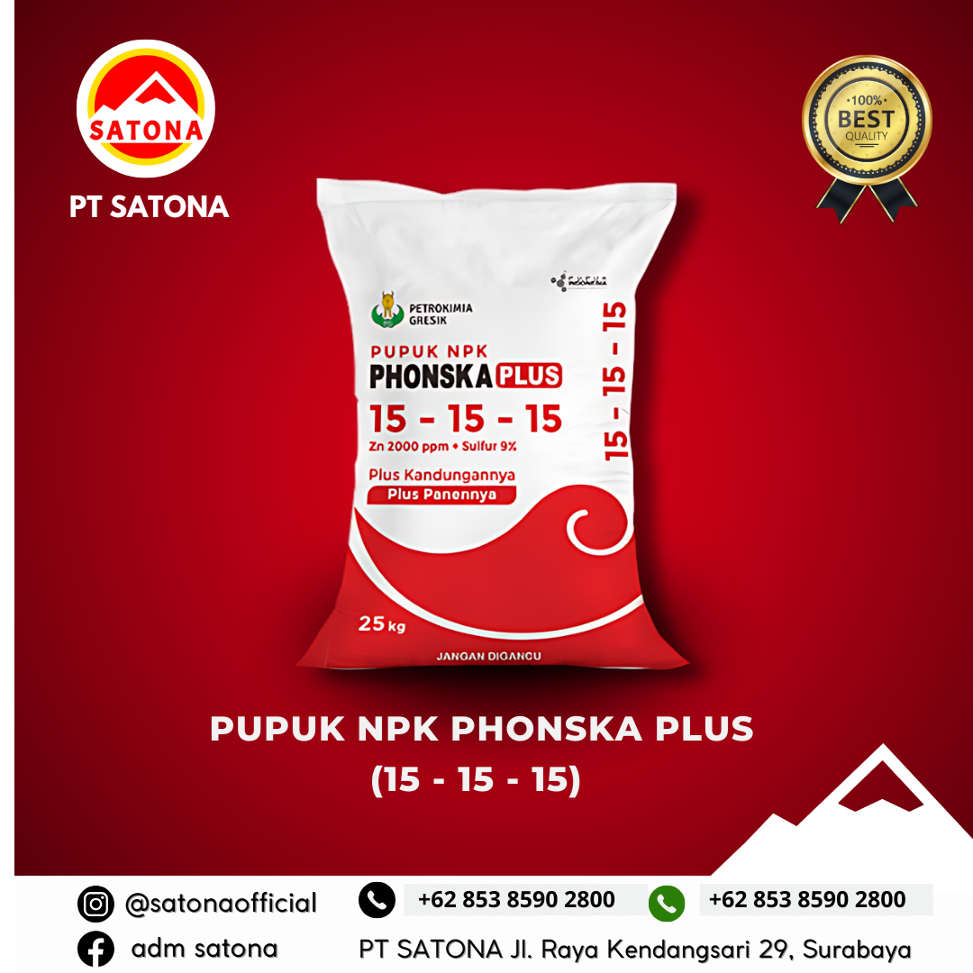 Pupuk Phonska Plus<h2><strong>Pupuk Majemuk NPK 15-15-15 + Sulfur + Zink – Solusi Tepat untuk Hasil Panen Melimpah!</strong></h2><p>Dapatkan hasil pertanian yang optimal dengan <strong>Pupuk Majemuk NPK 15-15-15 + Sulfur + Zink</strong>, formulasi canggih yang dirancang untuk memberikan nutrisi lengkap dan mendukung pertumbuhan tanaman secara maksimal. Dengan komposisi <strong>Nitrogen (15%)</strong>, <strong>Fosfat (P2O5 15%)</strong>, <strong>Kalium (K 15%)</strong>, <strong>Sulfur (S 9%)</strong>, dan <strong>Zink (Zn 2.000 ppm)</strong>, pupuk ini memberi asupan yang dibutuhkan tanaman untuk tumbuh subur dan menghasilkan panen berkualitas tinggi.</p><p><strong>Kenapa Memilih Pupuk NPK 15-15-15 + Sulfur + Zink?</strong></p><ul><li><strong>Efektif dan Efisien</strong>: Formula khusus yang meningkatkan efisiensi pemupukan, mengoptimalkan penyerapan unsur hara oleh tanaman.</li><li><strong>Meningkatkan Kualitas dan Kuantitas Panen</strong>: Menjamin pertumbuhan yang sehat, menghasilkan buah atau biji yang lebih besar dan berkualitas tinggi.</li><li><strong>Pupuk Serbaguna</strong>: Cocok untuk berbagai jenis tanaman, baik di pertanian, perkebunan, maupun hortikultura.</li><li><strong>Berkualitas Terjamin</strong>: Proses pembuatan yang cermat menghasilkan produk dengan campuran yang homogen, memberikan keseragaman dan kualitas tinggi.</li></ul><p>tanaman. <strong>Kemasan 25kg</strong> yang praktis memudahkan penyimpanan dan penggunaan jangka panjang.</p><p><strong>Hasil Lebih Banyak, Lebih Berkualitas!</strong> Tingkatkan produktivitas Anda dengan pupuk yang terpercaya. Segera dapatkan <strong>Pupuk Majemuk NPK 15-15-15 + Sulfur + Zink</strong> dan rasakan perbedaannya!</p><p>Jadikan tanaman Anda lebih sehat, subur, dan menghasilkan panen yang memuaskan!</p><p><strong>Pemesanan Langsung:</strong><br>Untuk informasi lebih lanjut atau pemesanan produk, kunjungi website kami di <a href="http://www.satona.co.id/"><span style="text-decoration: underline;">www.satona.co.id</span></a> atau hubungi kami melalui WhatsApp di <strong>0813-9394-8500</strong>.</p><p><strong>Alamat Kantor:</strong><br><strong>PT Satona</strong><br>Jalan Raya Kendangsari No 29, Surabaya</p><p><br></p>